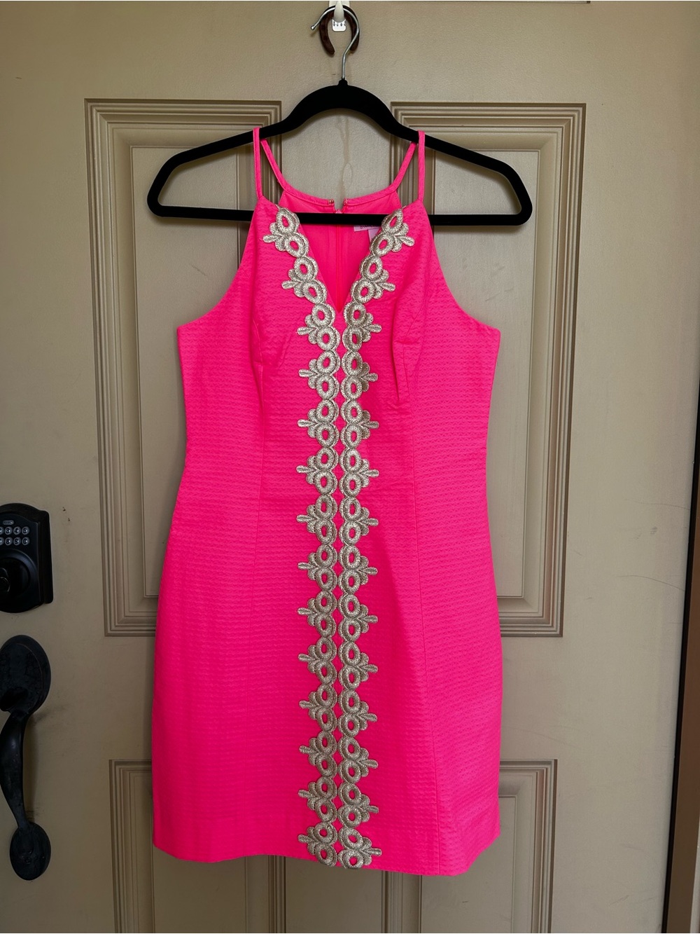 Lilly Pulitzer Bungalow Hot Pink Gold Crochet Shift Dress Size 2